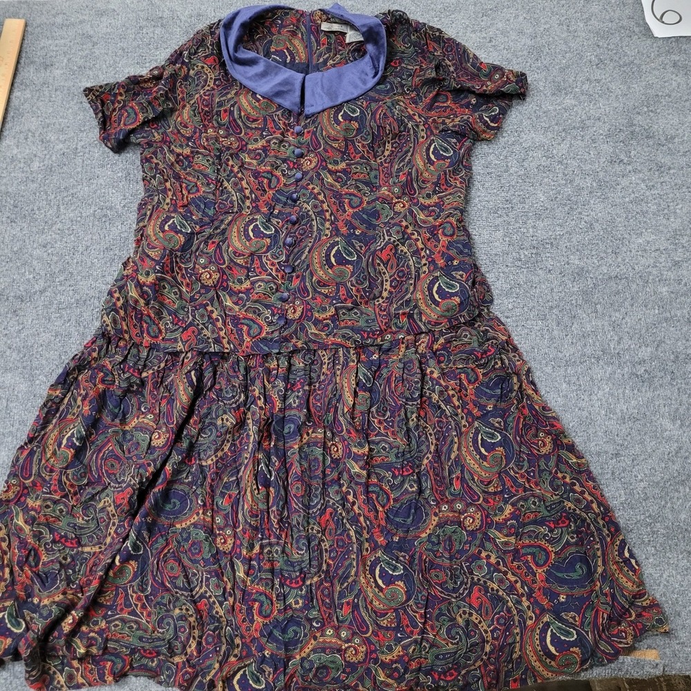 Vintage Dress Womens Size 26W Multicolor Paisley Rayon Velour Collar Drop Waist